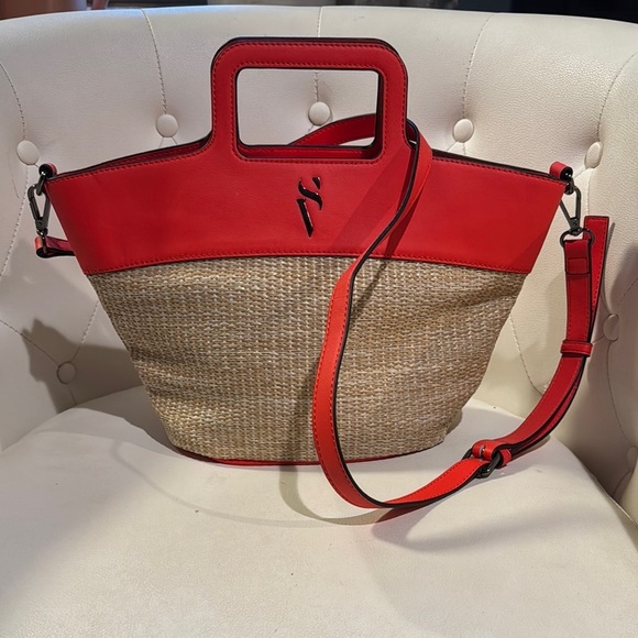 Simply Vera Vera Wang Handbags - Simply Vera Vera Wang Red and Tan Tote with Woven Design